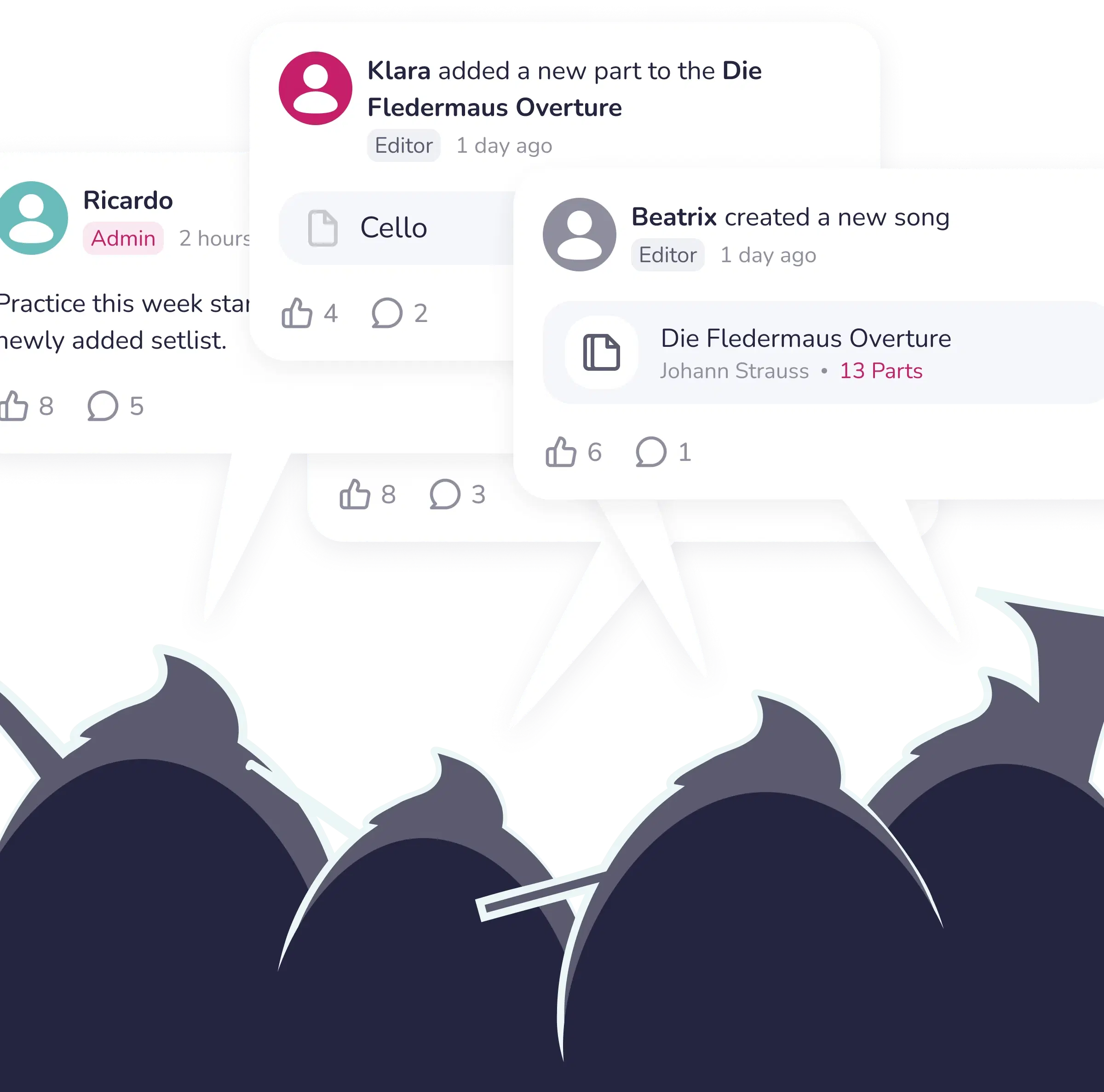 Social activity feed showing ensemble member updates and musical progress sharing