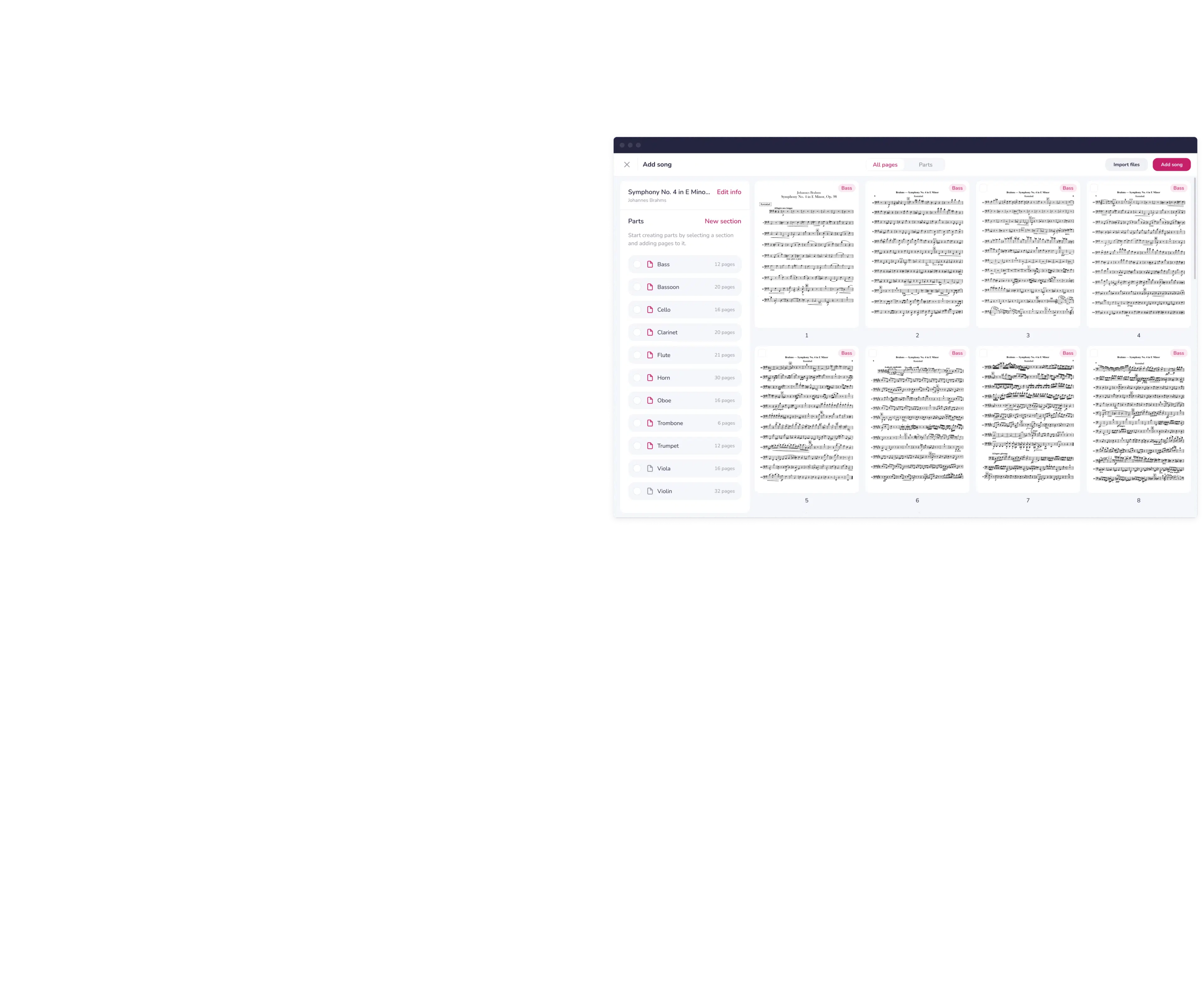 Web browser showing music management interface for ensemble directors